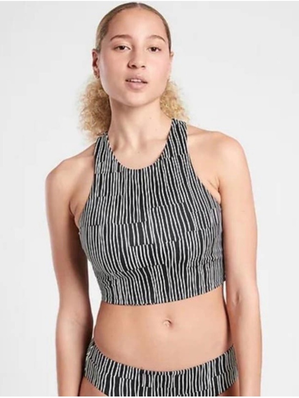 Striped Black & White High-Neck Crop swim Top